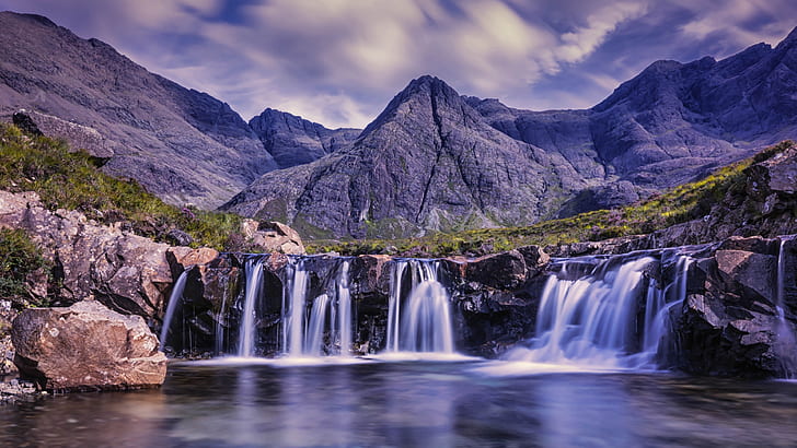 妖精のプールの滝、滝、イギリス、水域、山、ヨーロッパ、荒野、スカイ、スカイ島、空、山の風景、水、妖精のプール、グレンブリトル、 HDデスクトップの壁紙