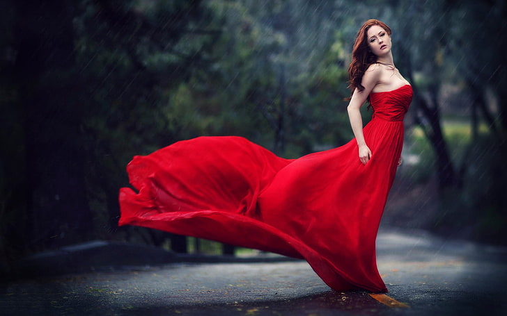 여성, 빨간 머리, 빨간 드레스, HD 배경 화면