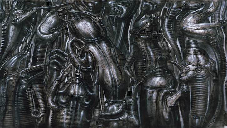 rzeźba z szarego metalu, H. R. Giger, grafika, surrealistyczne, Tapety HD