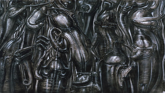 rzeźba z szarego metalu, H. R. Giger, grafika, surrealistyczne, Tapety HD HD wallpaper