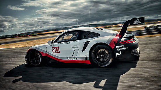 Porsche, Porsche 911, Porsche 911 RSR, кола, суперавтомобили, състезателни писти, размазване в движение, HD тапет HD wallpaper