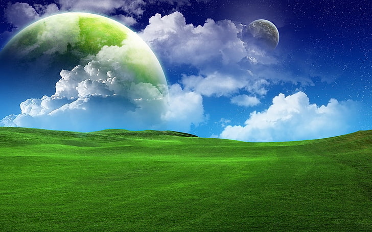 зелени равнини и бели облаци, трева, зелено, небесно синьо, облаци, лято, HD тапет