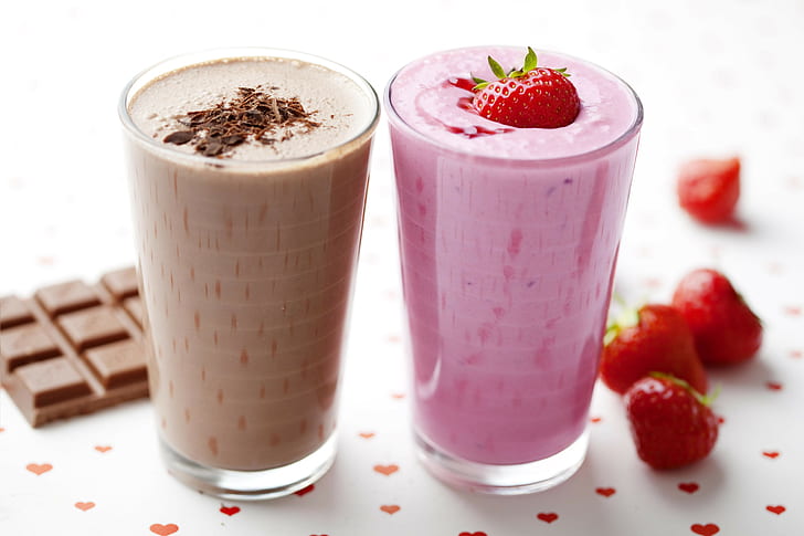 milk, chocolate, smoothies, strawberry, HD wallpaper