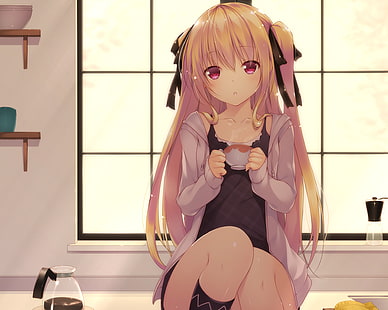 Anime, To Love-Ru: Darkness, Blush, Cup, Girl, Golden Darkness, Sitting, HD тапет HD wallpaper