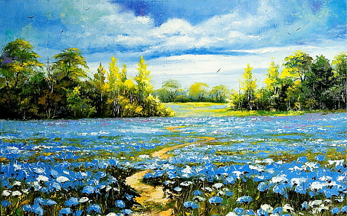 Pittura a olio di paesaggio, campo, arte, pittura, Sfondo HD HD wallpaper