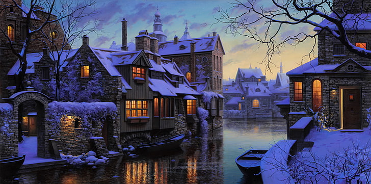 cidade, casa, barco, noite, neve, árvores, inverno, Estocolmo, Evgeny Lushpin, HD papel de parede