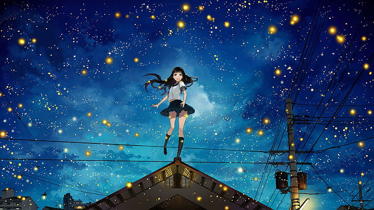 Аниме девушки в ночном небе, аниме, аниме девушки, города, длинные волосы, ночное небо, HD обои