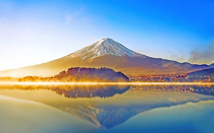 nature, Mount Fuji, landscape, sunrise, reflection, mountains, volcano, mist, lake, snowy peak, HD wallpaper