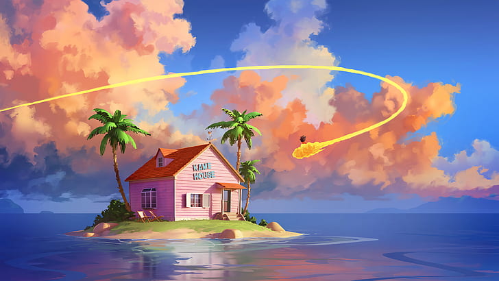 digital art, Son Goku, Dragon Ball, Dragon Ball Z, island, anime, clouds, sea, palm trees, HD wallpaper