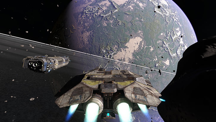 braunes Raumschiff digitale Tapete, Raum, Raumschiff, Planet, Ringe, Science Fiction, HD-Hintergrundbild