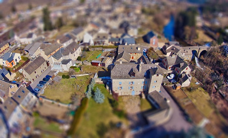 aerial view of village, tilt shift lens of gray village, tilt shift, castle, village, old building, HD wallpaper