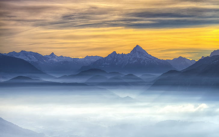 natur, landschaft, nebel, berge, wolken, schneebedeckte spitze, HD-Hintergrundbild