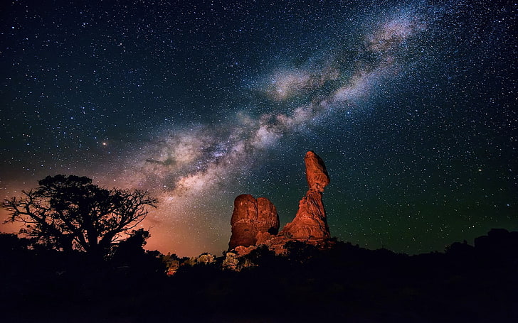 brown mountain, sky, night, stars, space, Milky Way, HD wallpaper