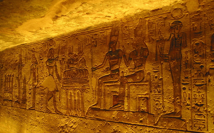 Egyptian god and goddess carved on stone, Egypt, Gods of Egypt, gold, HD wallpaper