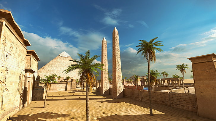 The Talos Principle, screen shot, video games, pyramid, Obelisk, palm trees, Egypt, Egyptian, sand, sky, HD wallpaper