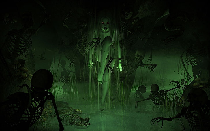 dark, demon, evil, girl, horror, skeleton, skull, swamp, women, HD wallpaper