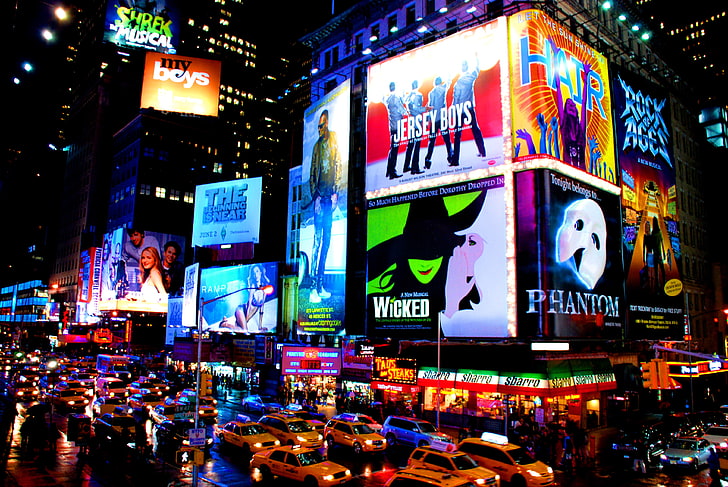 cities, city, lights, neon, night, square, times, traffic, usa, york, HD wallpaper