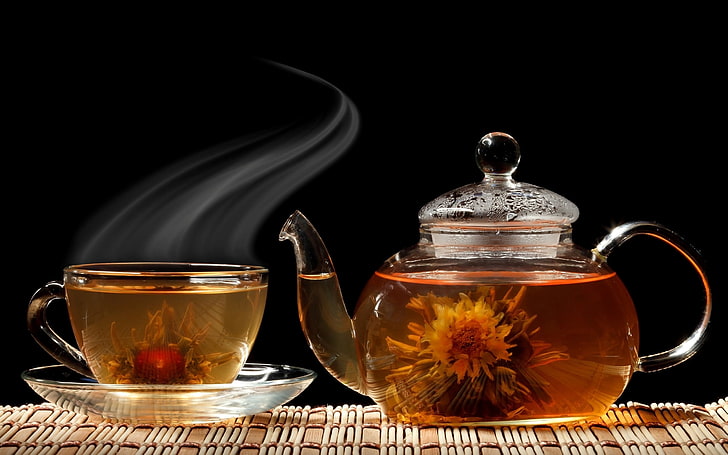 clear glass teapot, teacup, and saucer set, tea, kettle, steam, cup, HD wallpaper