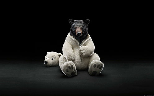 Urso preto em traje de urso Polar, brinquedo de pelúcia urso branco e preto, diversão, animal, urso, traje, HD papel de parede HD wallpaper
