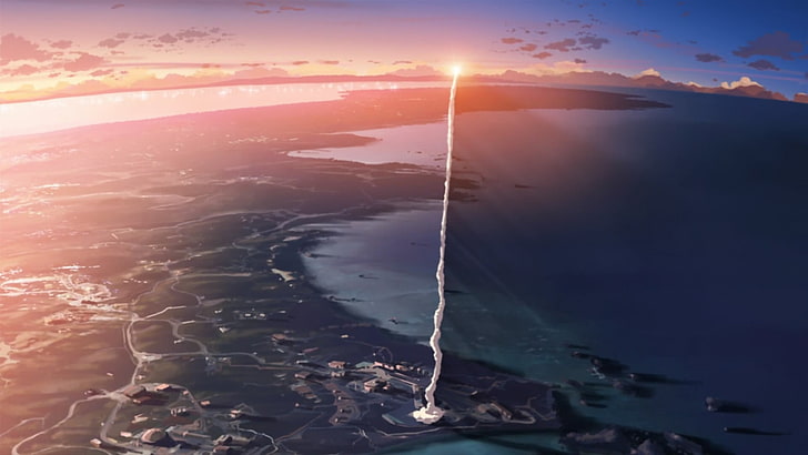 photo de lancement de fusée, photographie aérienne de plan d'eau, fusée, fumée, coucher de soleil, Japon, anime, 5 centimètres par seconde, films, screengrab, Makoto Shinkai, traînées de force, vue aérienne, Fond d'écran HD