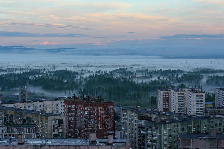 град, изглед отгоре, мъгла, сграда, Русия, HD тапет