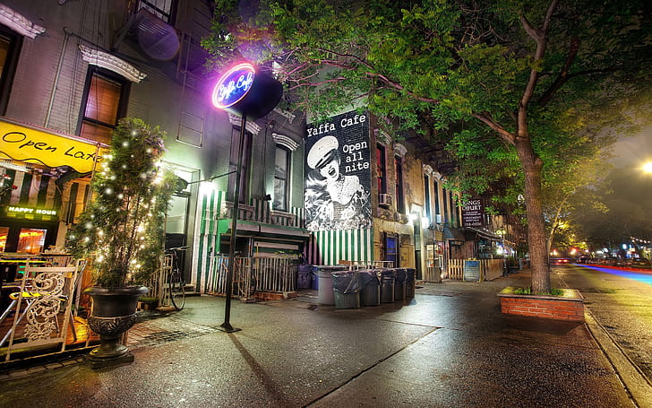 Yaffa Cafe New York, street, banner, lights, night, HD wallpaper