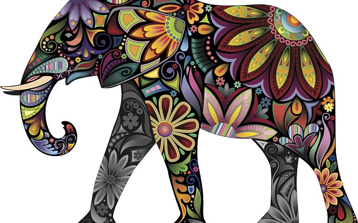 動物、象、芸術的、カラフル、色、花、 HDデスクトップの壁紙