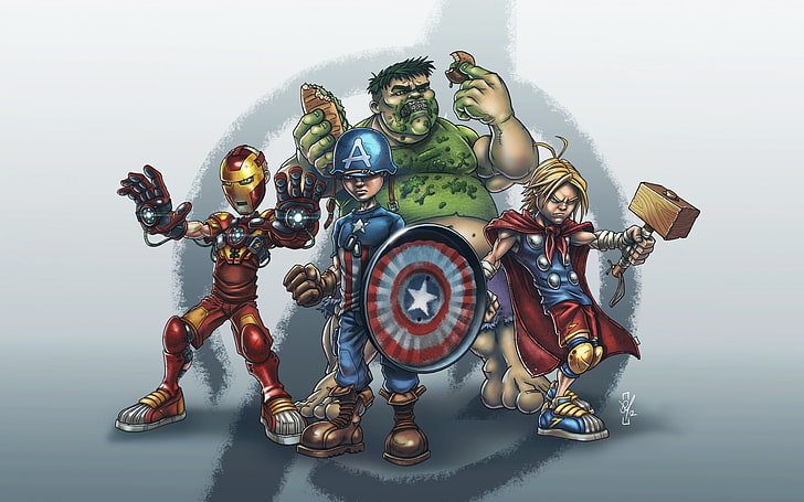 Marvel Avengers иллюстрация, пародия, железный человек, Халк, чудо, Тор, капитан Америка, мстители, юмор, капитан америка, HD обои