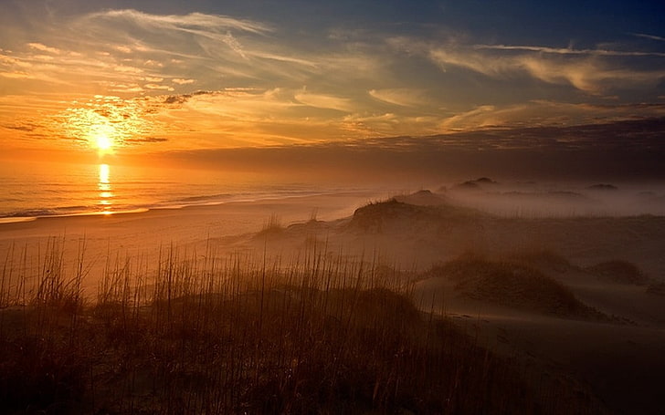 nature, landscape, sunset, clouds, beach, mist, dune, sand, sea, yellow, HD wallpaper