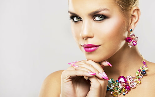 Make-up, Porträt, lackierte Nägel, Frauen, Modell, einfacher Hintergrund, Gesicht, HD-Hintergrundbild HD wallpaper
