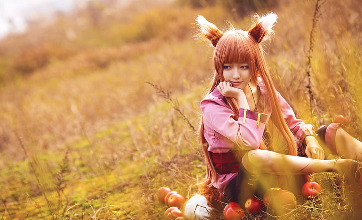 redhead, women, cosplay, Asian, wheat, field, Holo (Wolf and Spice), asian cosplayer, apples, HD wallpaper
