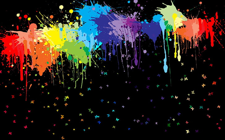 ilustrasi lukisan splatter, karya seni, cat splatter, kupu-kupu, warna-warni, latar belakang hitam, Wallpaper HD
