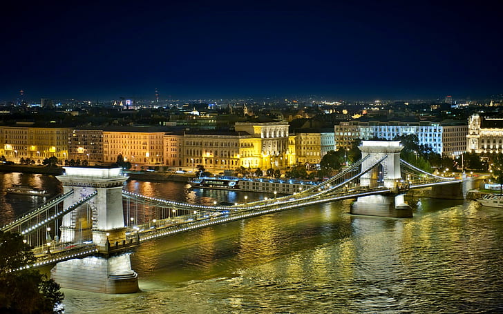 Chain Bridge, Ungern, bro, Budapest, arkitektur, flod, vatten, byggnad, stadsbild, HD tapet