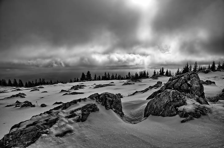 black and white photography, Monochrome, Mountain, black and white photography, trees, nature, graz, Schöckl, clouds, cloud, austria, sky, styria, white  stones, snow, Steiermark, winter, landscape, outdoors, scenics, cloud - Sky, black And White, beauty In Nature, forest, tree, HD wallpaper