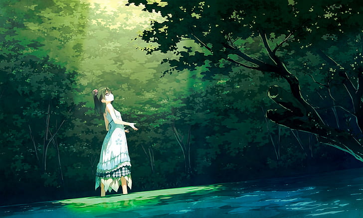 5 학년 간 토쿠 시즈쿠 간 토쿠 숲 복장 검은 머리 짧은 머리 나무의 애니메이션 여자 방과후, HD 배경 화면