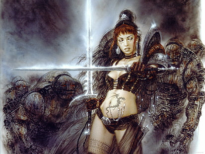 fantasy, females, luis royo, royo, swords, warriors, weapons, HD wallpaper HD wallpaper
