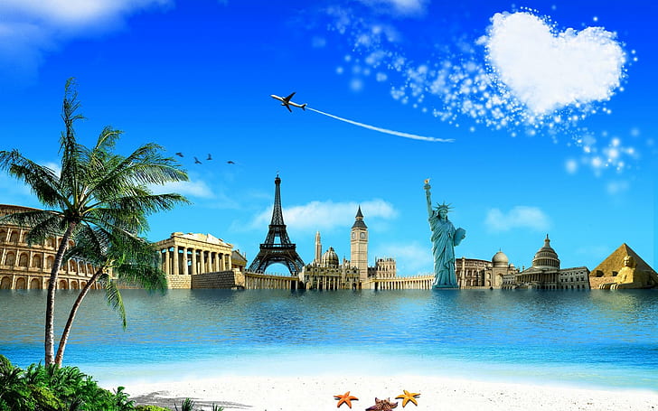 Wonders Of The World, the sphinx, the colosseum, eiffel tower, the airplane, creative, starfish, the heart, sand, the stat, HD wallpaper
