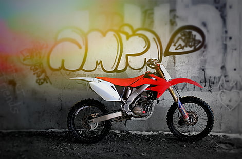 Dirtbike, moto de sujeira motocross vermelho e branco, Artístico, Urbano, HD papel de parede HD wallpaper