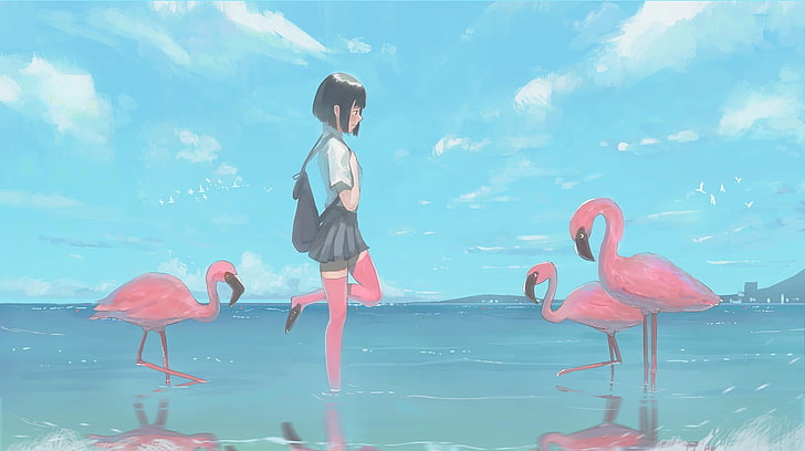 anime girls, short hair, school uniform, flamingos, black hair, standing, HD wallpaper