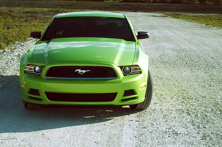 green Ford Mustang, ford mustang v6, ford mustang, sports car, green, lime, front view, HD wallpaper