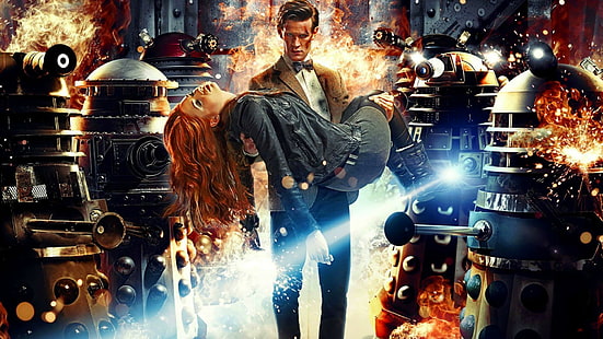 Amy Pond, Daleks, Eleventh Doctor, Doctor Who, Karen Gillan, fantasy art, Matt Smith, HD tapet HD wallpaper