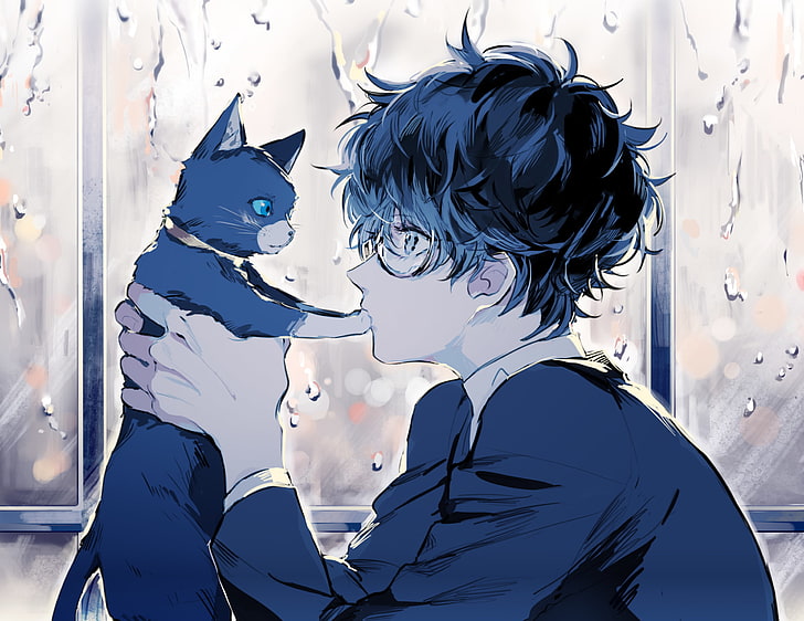 persona 5, kurusu akira, ragazzo anime, gatto, occhiali, vista di profilo, carino, anime, Sfondo HD