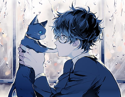 персона 5, kurusu akira, аниме момче, котка, очила, изглед на профил, сладък, аниме, HD тапет HD wallpaper