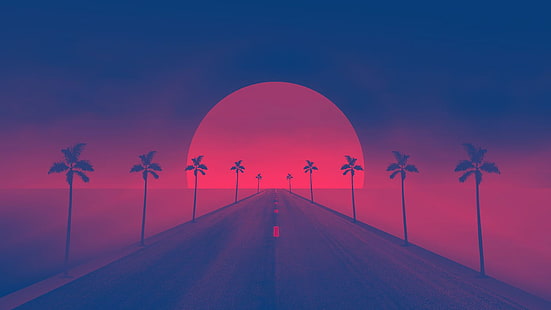 carta da parati autostrada, Sunset, The sun, Road, Palm trees, Synthpop, Darkwave, Synth, Retrowave, Synth-pop, Synthwave, Synth pop, Sfondo HD HD wallpaper