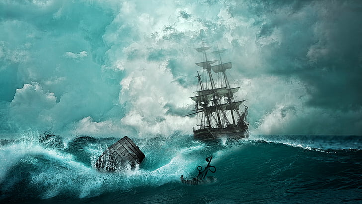 sea, wave, ocean, wind wave, water, sky, ship, sailing ship, calm, storm, ship of the line, barrel, ghost ship, brig, battleship, HD wallpaper