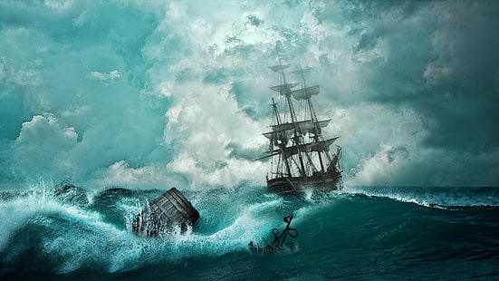 mare, onda, oceano, onda vento, acqua, cielo, nave, veliero, calma, tempesta, nave della linea, barile, nave fantasma, brigantino, corazzata, Sfondo HD HD wallpaper