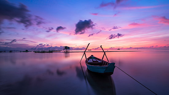 mar, puesta de sol, barco, cielo púrpura, reflexión, vietnam, phu quoc, asia, paisaje púrpura, puesta de sol púrpura, tarde, calma, Fondo de pantalla HD HD wallpaper