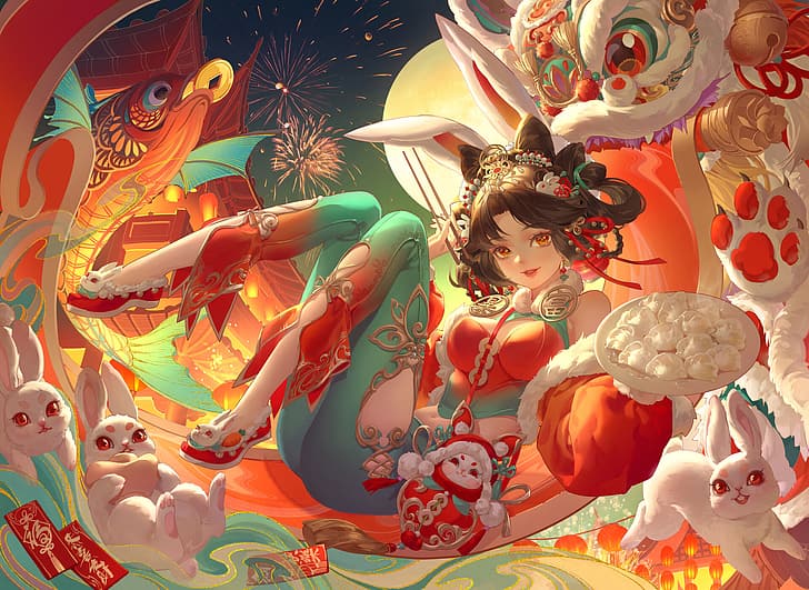ano novo chinês, arte digital, obra de arte, ilustração, mulheres, orelhas de coelho, dragão, HD papel de parede