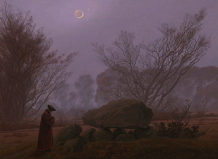 landscape, stone, picture, The moon, Caspar David Friedrich, A walk in the Twilight, HD wallpaper