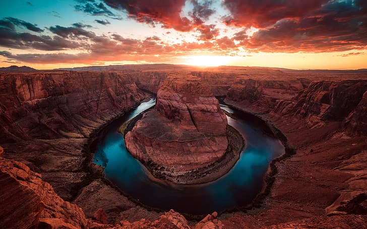 Horseshoe Bend, nature, Arizona, USA, sky, clouds, sunset, canyon, valley, Colorado River, rock formation, HD wallpaper
